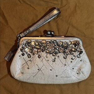 Coach Metallic Silver Burlap Kisslock Frame Clutch Embellished.